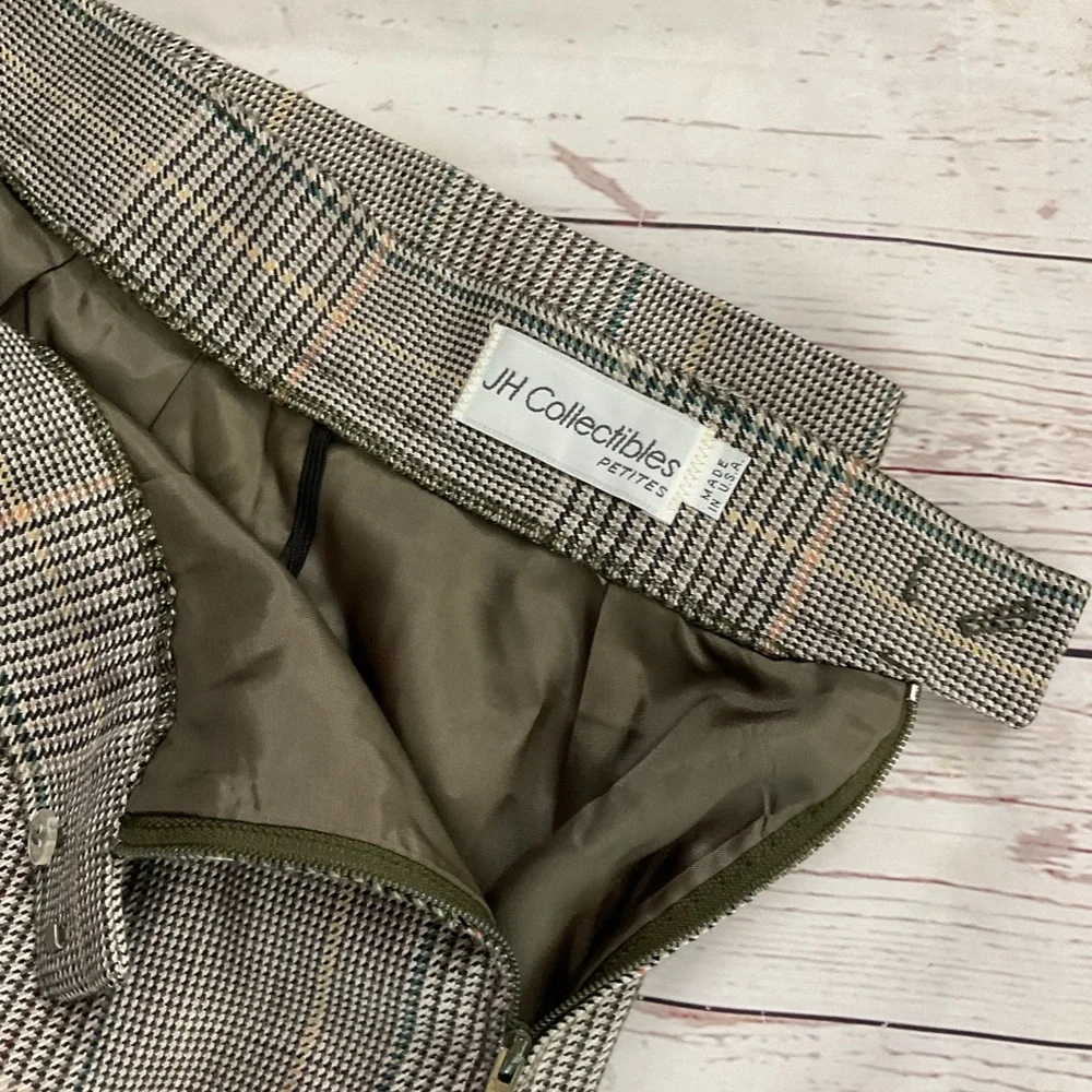 Vintage 4 Petite JH Collectibles Tan Plaid Midi Pencil Skirt USA Womens Union‎